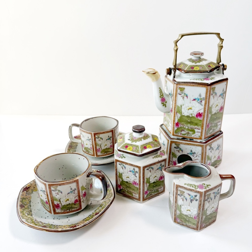 VTG Japanese Porcelain Oriental Teapot Set Brass Handle Asian Birds Lotus Detail